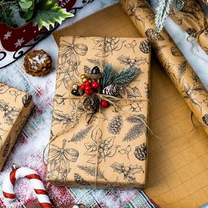 MAYPLUSS Kraft Christmas <b>Wrapping</b> <b>Paper</b> 17 Inch X 33 Feet Holly Berry Pinecone Pattern Brown Packaging <b>Paper</b> - Product Image 2