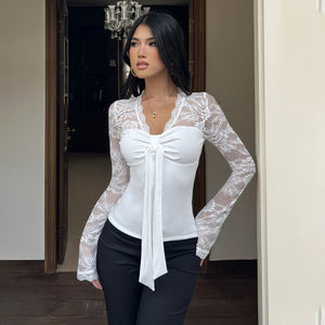 Lace patchwork V-neck twisted knot ribbon long-sleeved <b>fitted</b> top autumn <b>white</b> basic sexy base <b>T</b>-<b>shirt</b> - Product Image 3