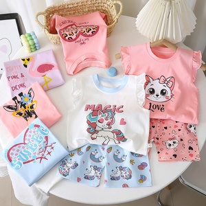 Ensemble de vêtements pour filles, 2T/5T, été, coton, deux pièces, haut à manches courtes, short à volants, mode coréenne, <span class=keywords><strong>animal</strong></span>/floral - Product Image 1