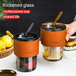 Bicchiere in Vetro a Righe da 400ML, Tazza per Caffè Freddo, Tazza per Tè, Bicchiere per Succo, Bicchiere per Latte e Acqua, Bicchieri Trasparenti con Coperchio e Cannuccia - Product Image 4