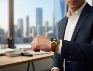 Men's <b>Watch</b> Analog Quartz Chronograph Leather Strap 42mm Round <b>Case</b> Yellow Gold Dial Mineral Glass Buckle Closure - Product Image 2