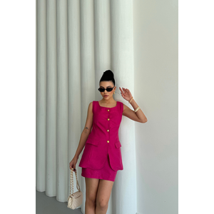 Ensemble gilet en lin jacquard et jupe courte imprimée moulante, robe d'été fuchsia avec décoration à motifs - Product Image 2