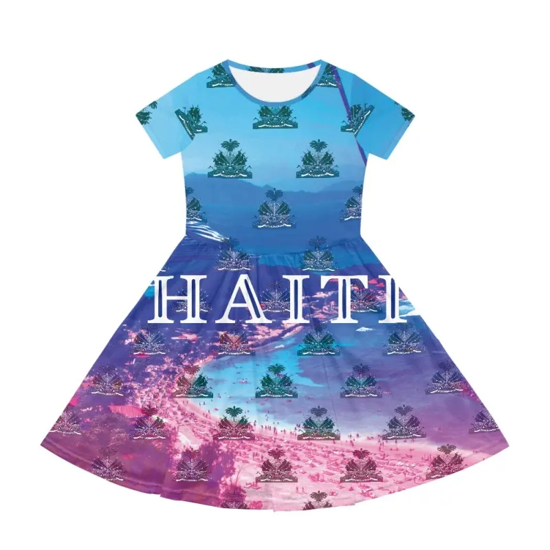 Abito estivo per bambini personalizzato con stampa haitiana abito a maniche corte moda Avant-Garde vestito comodo per ragazze all'ingrosso