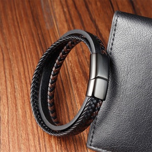 Good Quality Men <b>Bracelet</b> Bangle Stainless Steel Custom Logo Black <b>Leather</b> Braided Multi-Layer Genuine <b>Leather</b> <b>Bracelet</b> - Product Image 5