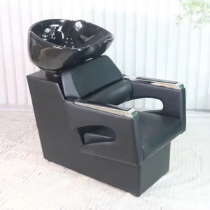 Station de lavage de cheveux pour salon de beauté et barbier, avec bac inclinable en céramique blanc et noir et siège réglable - Product Image 4