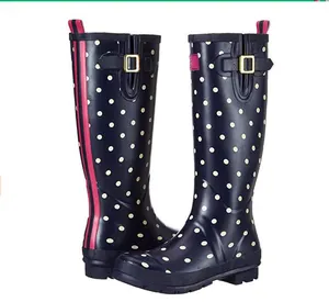 New Waterproof Wholesale Women Sex Knee Black Polka Dot Rubber Boots