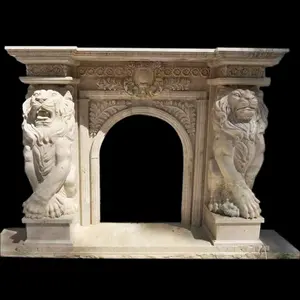 इनडोर बेज संगमरमर चिमनी Mantel शेल्फ के साथ शेर मूर्ति मूर्तिकला