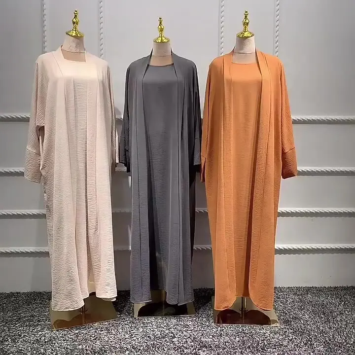 Turquie dubaï couleur unie Abaya femmes caftan grande taille deux pièces ensemble robe musulmane décontracté Abaya dubaï à manches longues