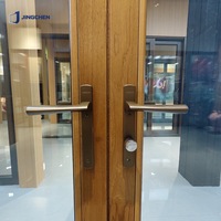 Puerta Corredera de Madera Revestida de Aluminio con Rotura de Puente Térmico, Doble Acristalamiento, Interior de Roble, Cerradura Multipunto, para Casa o Villa de Lujo