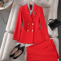 Tenue d'affaires pour femme, tailleur bleu élégant, robe formelle haut de gamme, combinaison de présentatrice pour entretien, automne, boutonnée