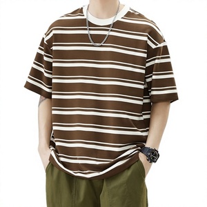Men's Brown White Striped Crew Neck Short Sleeve <b>T</b>-<b>Shirt</b> Loose Fit 100% Cotton Summer Breathable Casual Top - Product Image 1