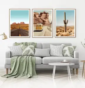 波西大峡谷3幅沙漠仙人掌照片在西南景观墙艺术。复古面包车家居装饰咖啡店