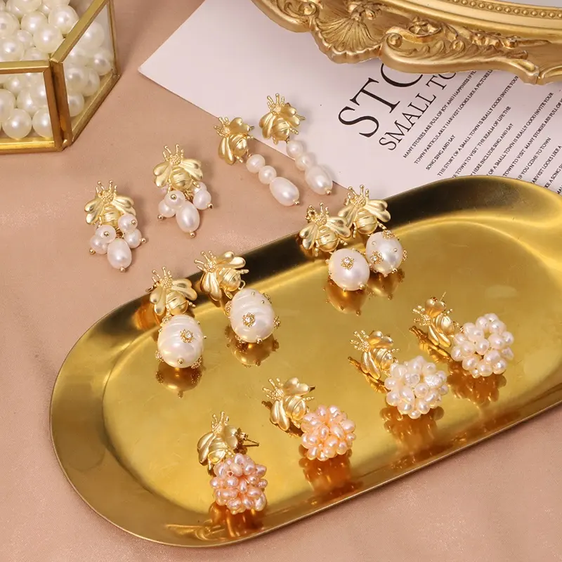 Hotsale giá rẻ Instagram Ong Bông tai 18K vàng mạ ngọc trai thả Bông tai cho phụ nữ đáng yêu Đồ trang sức mỹ bán buôn