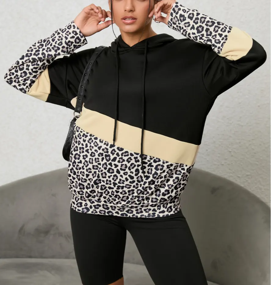 Zwaargewicht Custom Luipaard Patchwork Oversized Sweatshirt Drop Shoulder Luxe Vrouwen Streetwear Hoodies