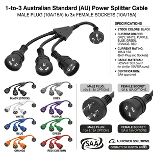 <span class=keywords><strong>Cable</strong></span> de Alimentación Divisor en Y de 3 Vías, Longitud Personalizada, 1.0mm2 1.5mm2, Certificado SAA, Cobre Puro AS/NZS 3112, con Conector IEC Hembra - Product Image 3