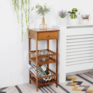Modern 2-Tier <strong>Bamboo</strong> <strong>Bedside</strong> Sofa Coffee End <strong>Table</strong> with Drawer Plant Display Storage Shelf Unit Lacquer Finish Home Furniture - Product Image 3