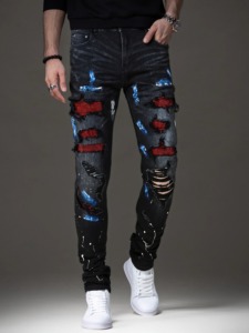 Grosir jins pria berlian imitasi hitam <span class=keywords><strong>Fashion</strong></span> kualitas tinggi Stack produsen Cina robek ramping pas celana berlian rusak