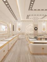 Vitrine de présentation de bijoux en bois et verre sur mesure de luxe avec éclairage LED en verre trempé, vitrine de vente au détail durable pour salle d'exposition de bijoux