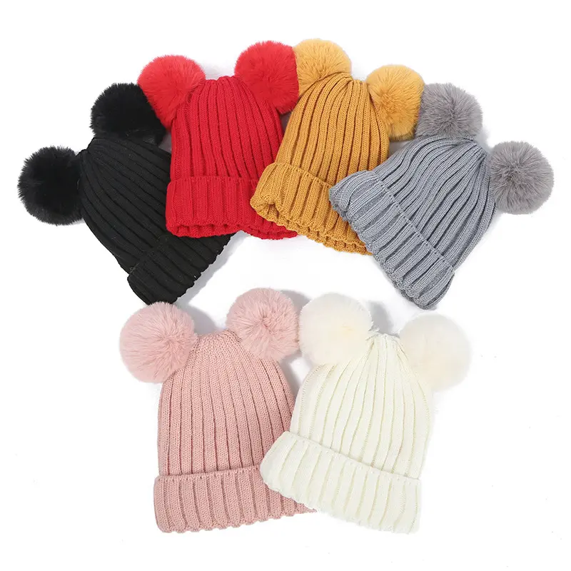 2022 Cute lady Beanies Caps Crochet Warm Womens Knit Hats Fur Ball Removable Pom Pom Winter Hat