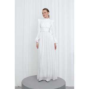 ชุดราตรีผู้หญิงทรงเอไลน์ผ้าชีฟองคอสูงจับจีบแขนยาวเอวธรรมชาติระบายอากาศได้ดีสีขาว - Product Image 1