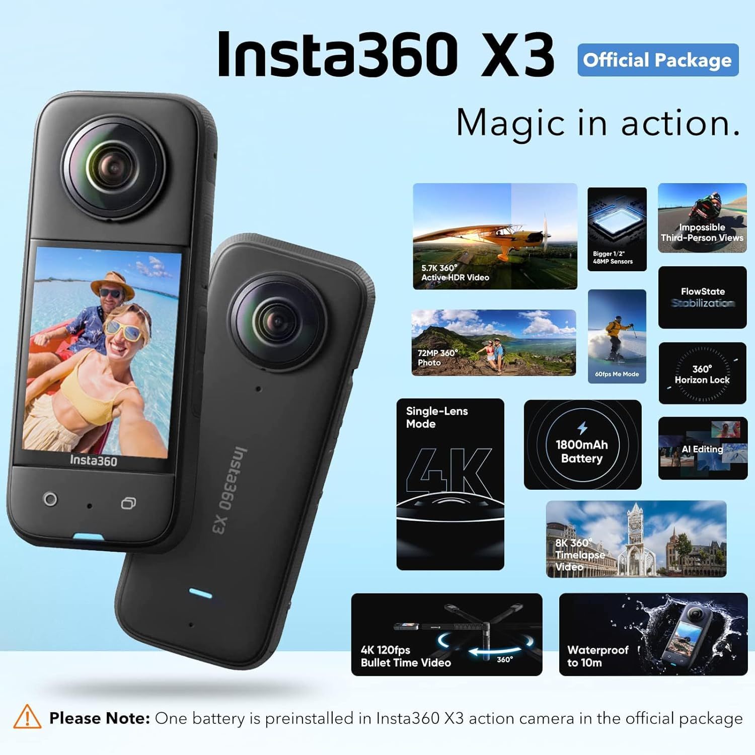Insta360 X3 Action Camera - 5.7K Video, Waterproof & Stabilized