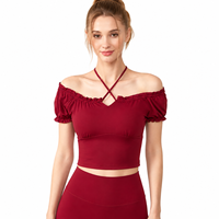 Haut court sexy pour femme, rouge bordeaux, à épaules dénudées, manches bouffantes croisées, côtelé, coupe ajustée, pour soirée, club, mode estivale décontractée