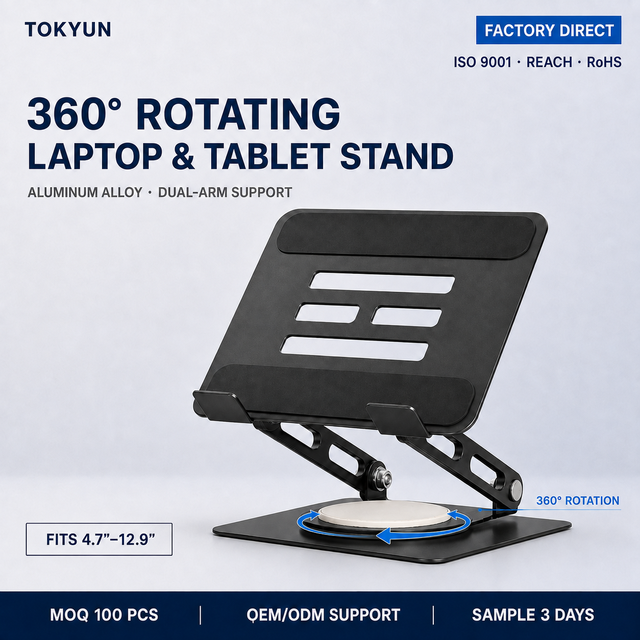 360 Rotating Aluminum Alloy Tablet Stand Dual Hinge Adjustable Foldable Desktop Holder Anti-Slip Silicone Pads Airflow Cooling