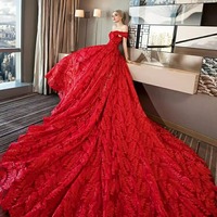 Robes de mariée NDB10326, robe en dentelle à épaules dénudées pour femme enceinte, couleur rouge avec traîne