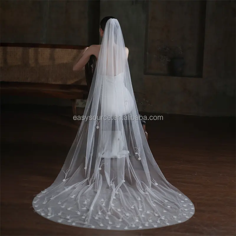 YM208 Feather 1T Cut Edge Bridal Veil Classic Long Cathedral Wedding Veils Bride headpiece with Comb