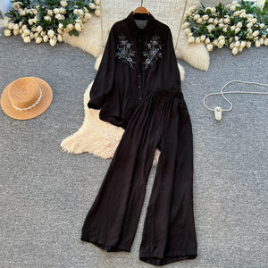 Ensemble <span class=keywords><strong>2</strong></span> <span class=keywords><strong>pièces</strong></span> pour femmes, chemisier <span class=keywords><strong>rouge</strong></span> brodé et pantalon large, tenue de bureau décontractée, ensemble deux <span class=keywords><strong>pièces</strong></span> pour femmes - Product Image 6