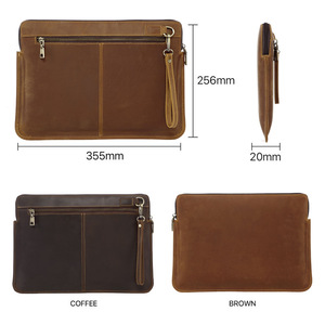 A4 Vintage Ordinary Leather <span class=keywords><strong>Document</strong></span> Bag 14 pulgadas Slim Laptop Sleeve <span class=keywords><strong>Case</strong></span> <span class=keywords><strong>Zipper</strong></span> Two Pock con asa Carpeta de archivos de cuero de vaca genuino - Product Image 2