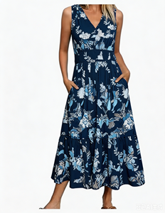 Vestido Midi de Gasa sin Mangas con Estampado Floral para Mujer, Cuello en V, Cintura Elástica, Corte en A, Holgado, con Bolsillos, Vestido Casual de Verano - Product Image 5