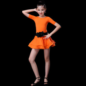 Girls Children's Latin <b>Dance</b> <b>Dress</b> Short Sleeve Chlorinated Fiber Practice Performance Costume Green Black Orange Spring 2017 - Product Image 4
