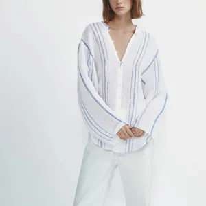 Tongrui New Arrival Women Shirt Breathable Long-sleeved Linen Striped Shirt Button Women Linen Shirt