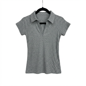 Camiseta de algodón de manga corta para <span class=keywords><strong>mujer</strong></span>, corte ajustado, tejido acanalado, color liso, cuello en V, informal, básica de verano, teñido liso - Product Image 5