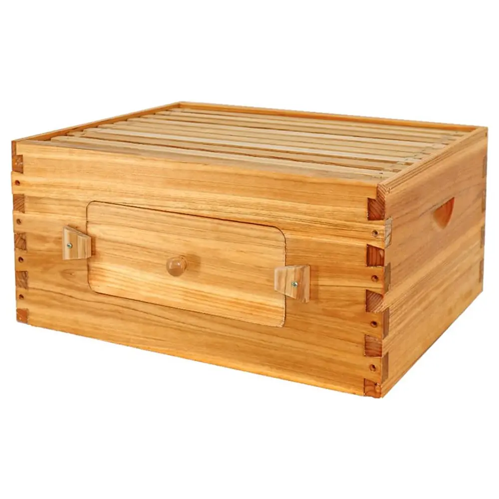 10 Frame Langstroth Beehive Unassembled Deep Bee Hive Box Dipped in 100% Natural Beeswax with Window