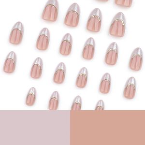 Faux <span class=keywords><strong>ongles</strong></span> blancs français courts, forme amande épanouie, motif encre dorée, à presser, en ABS, pour manucure, vente en gros - Product Image 4