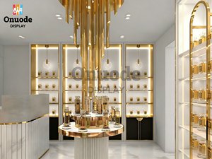 Vitrine <span class=keywords><strong>de</strong></span> présentation <span class=keywords><strong>de</strong></span> parfums écologiques haut <span class=keywords><strong>de</strong></span> gamme |   Vitrine murale LED blanche et or sur mesure pour les magasins <span class=keywords><strong>de</strong></span> parfums <span class=keywords><strong>de</strong></span> luxe (recyclable) - Product Image 5