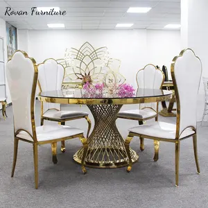 Gran oferta, mesa redonda de cristal con espejo de comedor de acero inoxidable dorado de estilo lujoso para eventos