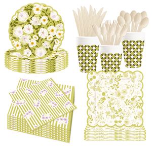 DAMAI 2025 - Vajilla Desechable con Diseño de Flores Verdes para Fiestas, Platos, Servilletas y Vasos de Papel para Decoración de Mesa - Product Image 2