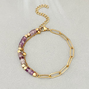 Bracelet KITI minimaliste en perles tubulaires de pierre naturelle, bijoux inaltérables, bracelet chaîne géométrique en acier inoxydable plaqué or 18 carats - Product Image 5