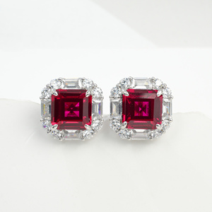 925 Sterling Silver Emerald Cut Lab Created Ruby Halo <b>Stud</b> Earrings - Product Image 1