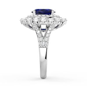Bague en saphir de laboratoire sur mesure, prix d'usine, pavé latéral de diamants halo, or massif 14K CVD, pour fiançailles, mariage, cadeau. - Product Image 4