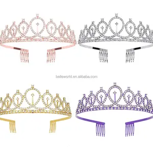BELLEWORLD批发定制公主新娘女皇冠装饰生日水晶水钻头饰带梳子