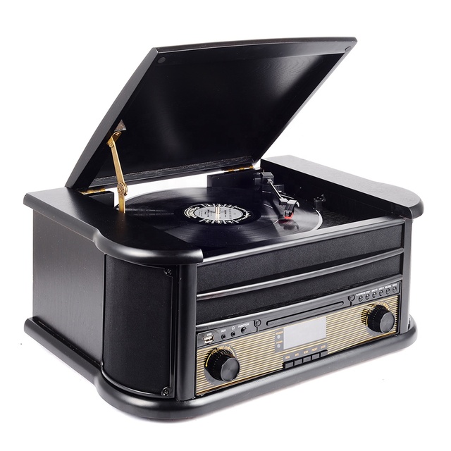 Retro Style 6-in-1 USB BT SD CD Cassette AM FM Radio Music Enter Phonograph Gramophone Vinyl Record Player