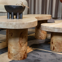 Ensemble de tables basses modulaires en travertin, table centrale en pierre naturelle en forme de nuage avec pieds en bois de racine