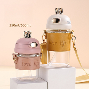 Copo de Água de Vidro Reutilizável e Ecológico Estilo Coelho Fofo com Canudo, Caneca de Café, Garrafa de Água para Meninas com Canudo - Product Image 2
