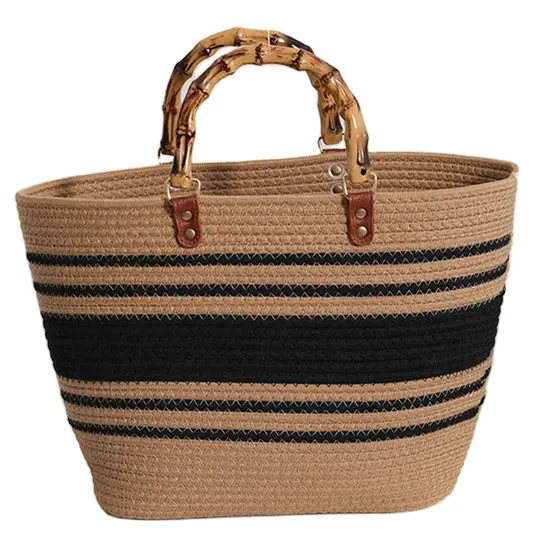 Bolso de mano de playa de verano de gran capacidad para mujer, bolsos de paja tejidos con cuerda de algodón con asa de bambú