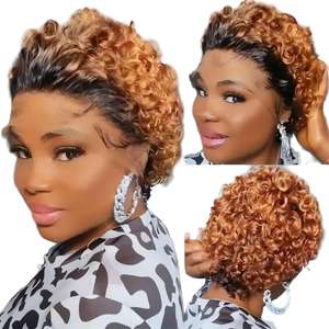 Parrucca Lace Front 100% Capelli Umani Remy Brasiliani Ricci Corti <span class=keywords><strong>Afro</strong></span> <span class=keywords><strong>Mix</strong></span> Colorati Senza Colla Doppia Tessitura Nera - Product Image 1