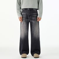 Pantalon en jean noir délavé coupe ample évasée style rétro américain - Marque tendance unisexe, pantalon long décontracté à jambe large dégradé